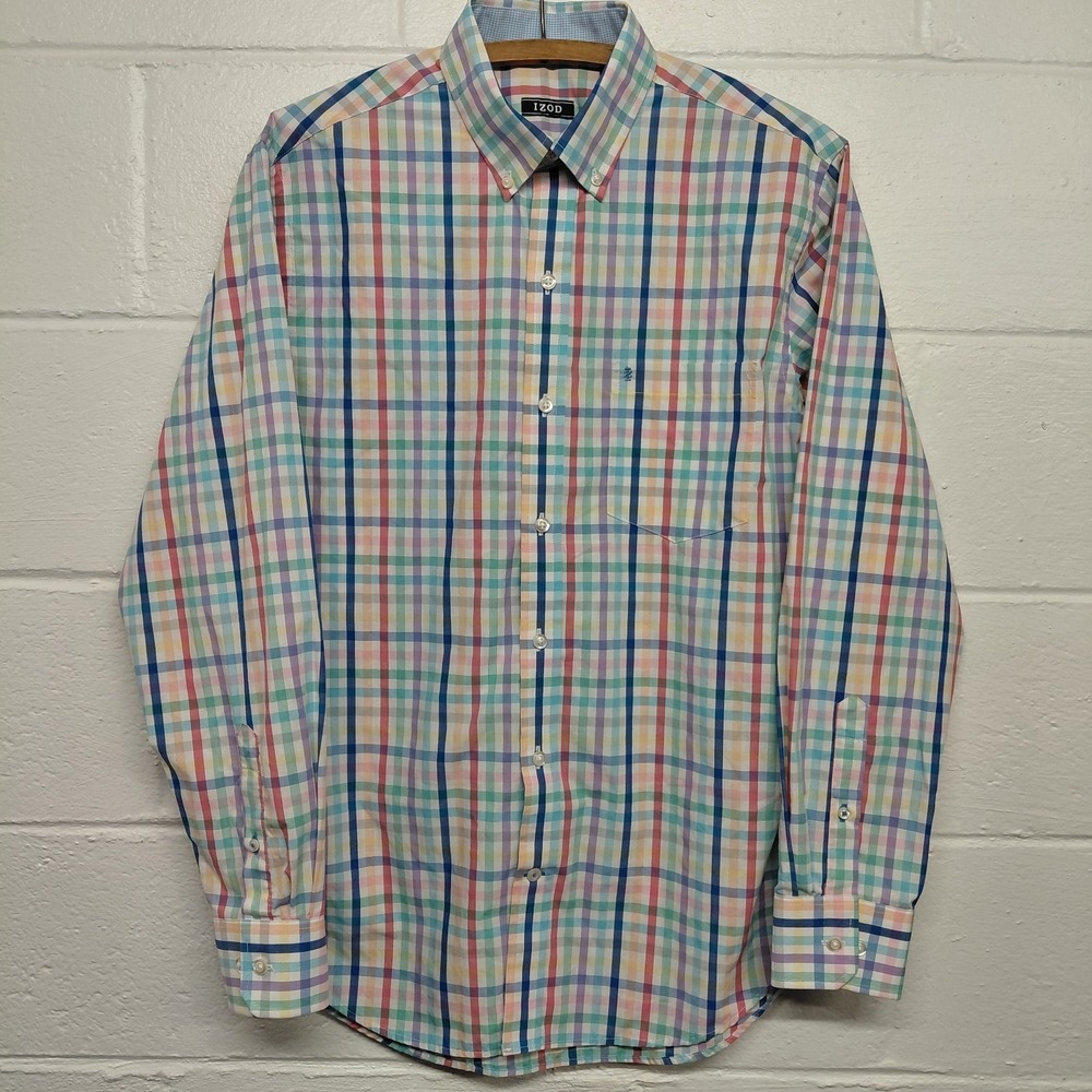 IZOD Mens Casual Button Down Shirt MEDIUM Pastel Plaid Long Sleeve Business